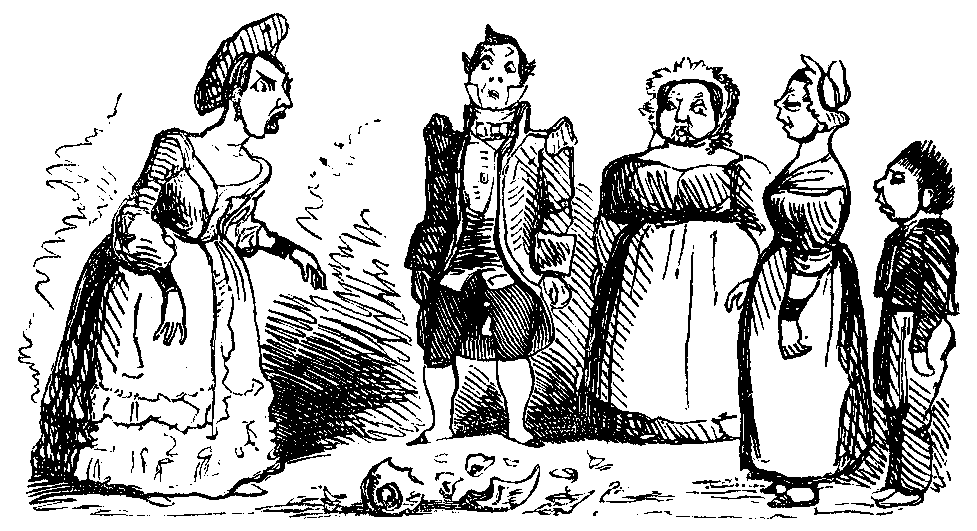 A group of servants stand around a broken vase.