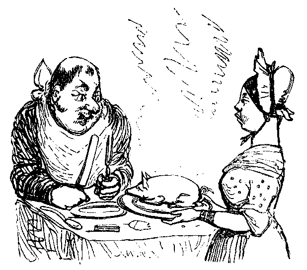 A woman presents a pig on a platter to a dining man.
