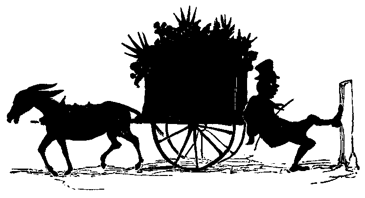 A man pushes a cart being pulled by a donkey.