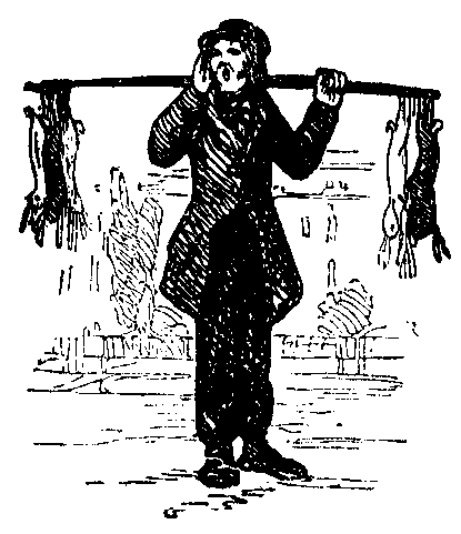 A man with a brace of rabbits on a pole forms a letter T.