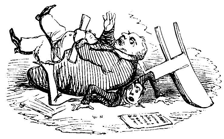 A large man falls onto a child and a desk.