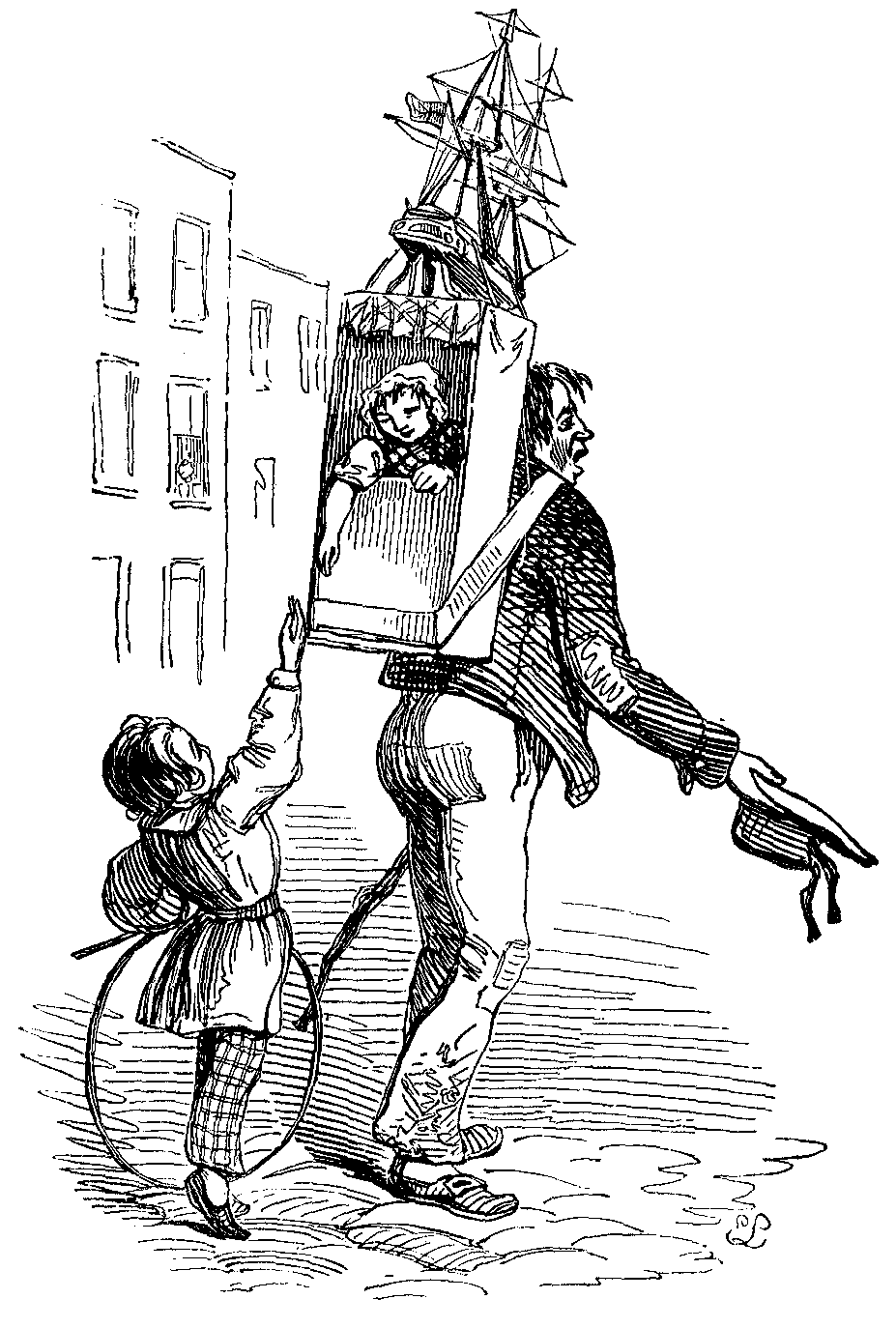 A man carries a girl in a box on his back. A ship sits atop the box.