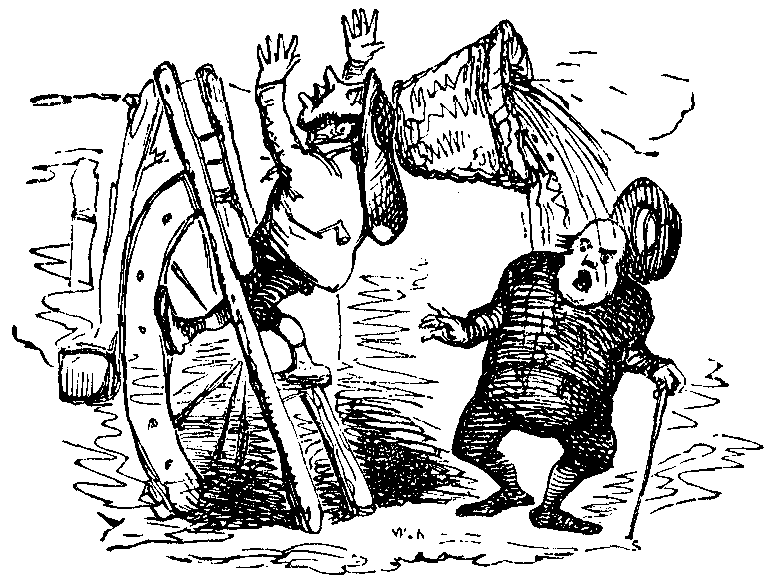 A man drops a slop bucket on a gentleman.