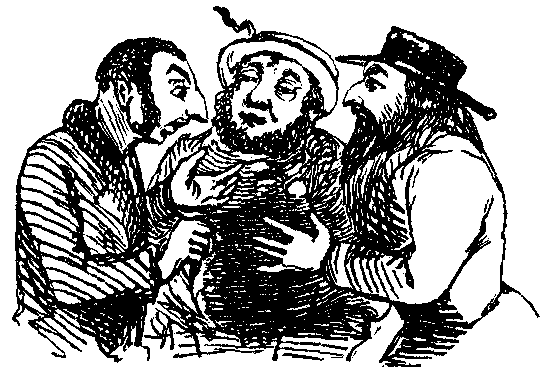 Three men talk.