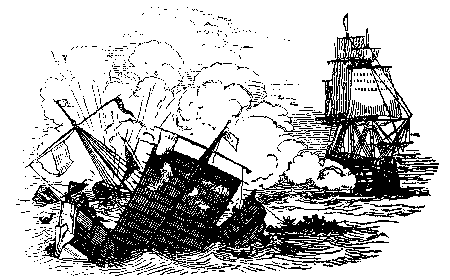 A sea-going ship guns and sinks a junk.