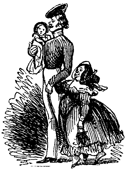 A man walks with a girl and a baby.