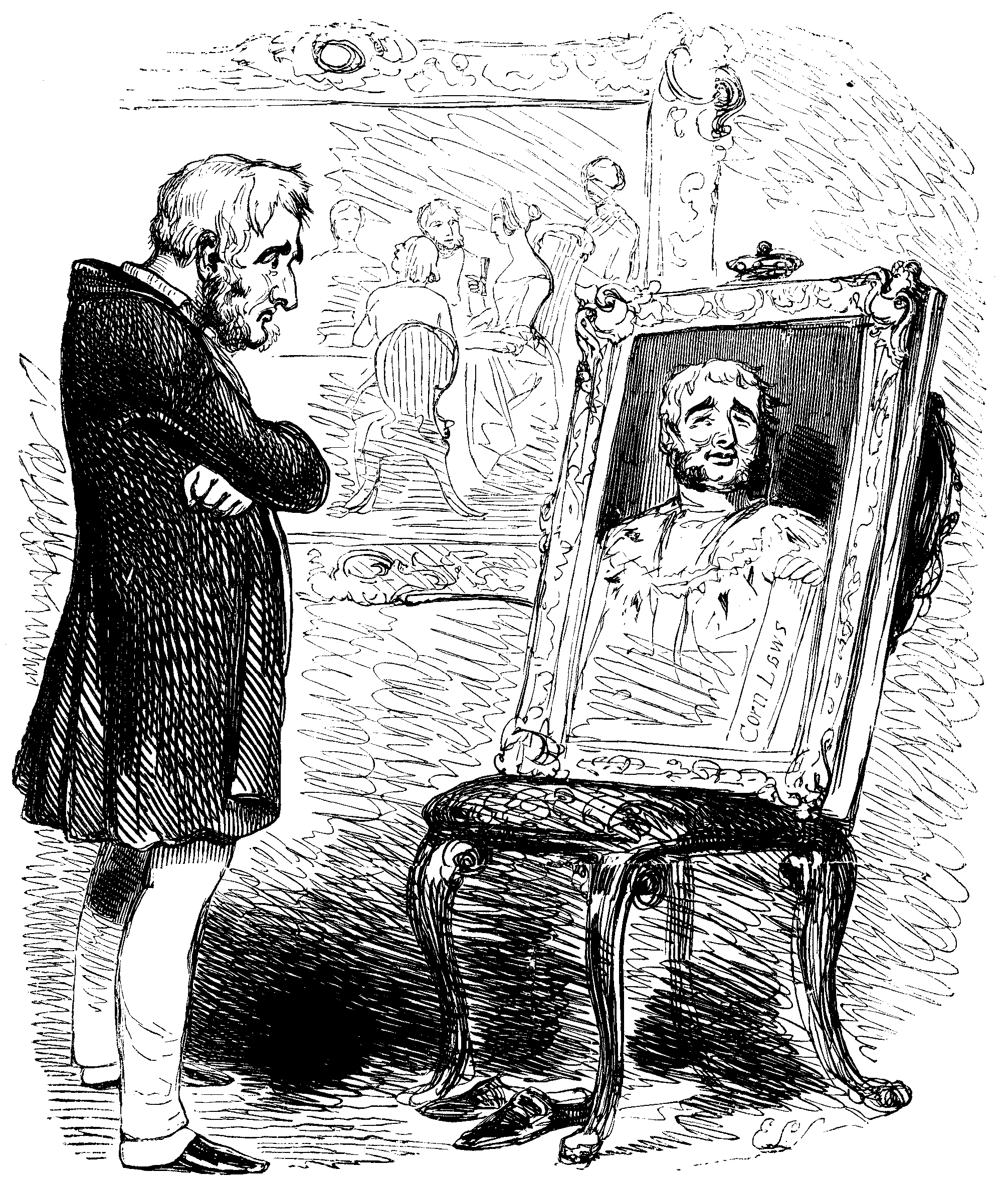A sad-looking man regards a portrait of a kingly-looking man.