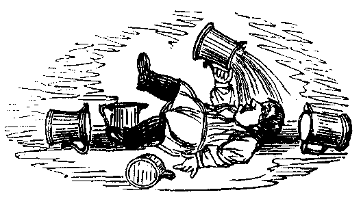 A drunk lays on the floor surrounded by pitchers and pours the contents of one on his head.