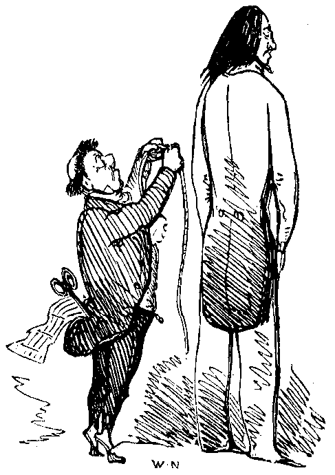 A tailor measures a very tall man.