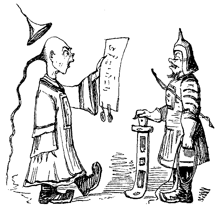 A Chinese soldier looks at another, surprised Chinese man looking at a paper.
