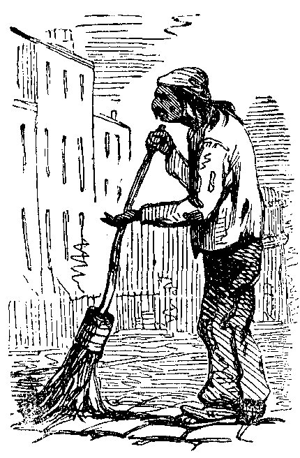 A street sweeper forms a letter A together with his broom.