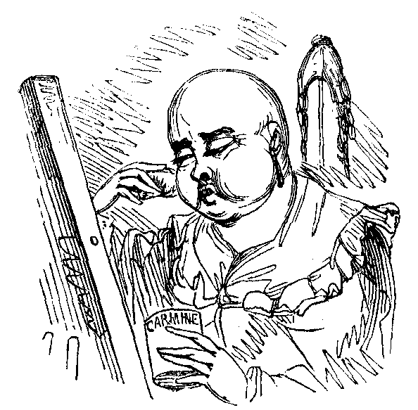 A bald man in a frilly shirt applies carmine to his cheeks.