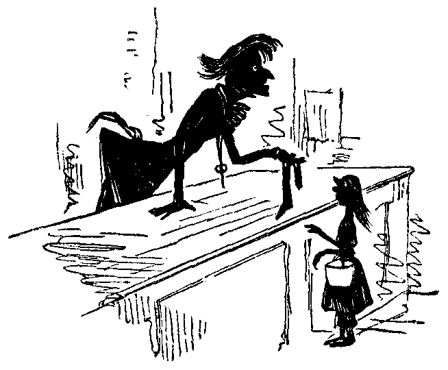 A merchant hands stockings to a little girl.