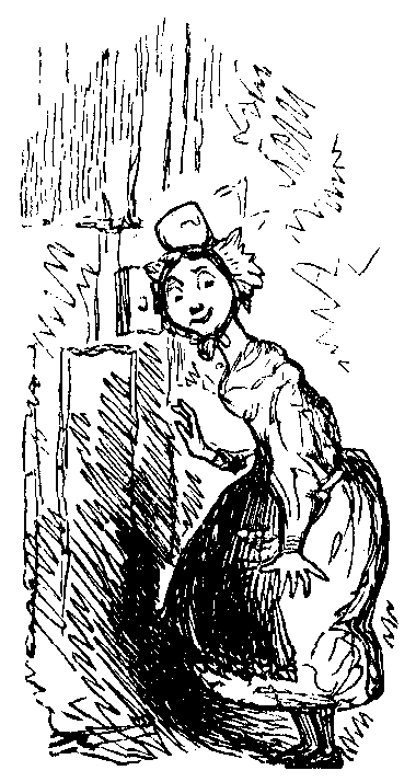 A maid listens at a door.