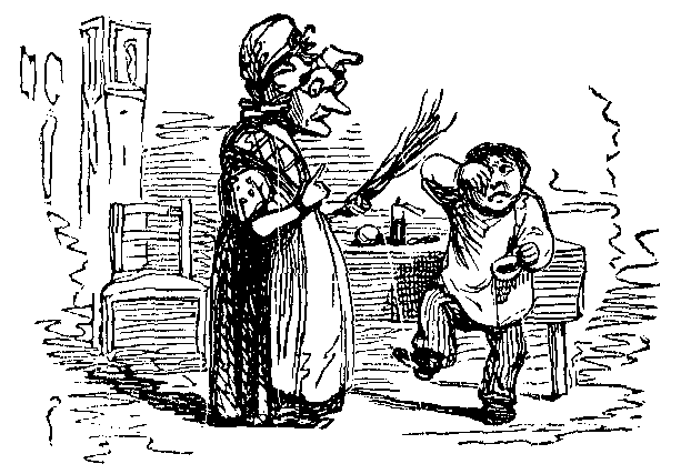 A woman threatens a boy with a switch.