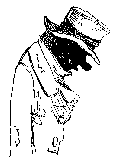 A caricature with a downcast head.