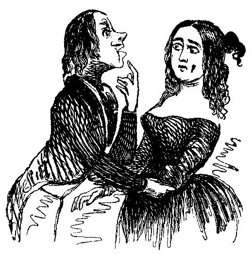 A couple embraces; the man points angrily at his lips.