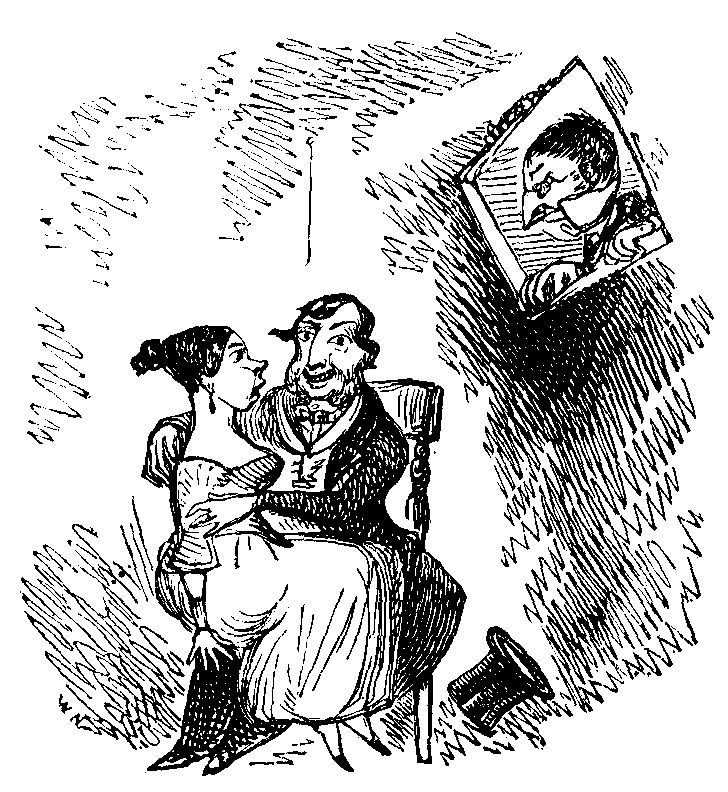 A man looks through a window at another man holding a woman on his lap.