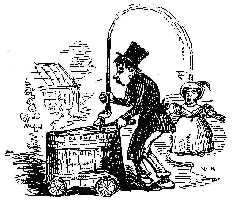 A man pushes a barrel marked 'Garden Engine' which is pouring liquid into a nearby woman's mouth.