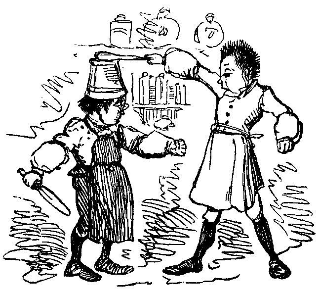 A man hits another man with a pail on his head.