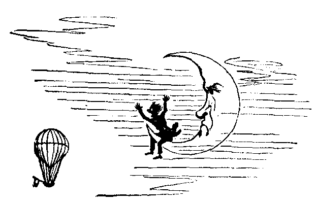 A man sits hooked on the crescent of the moon and waves at a passing balloon.