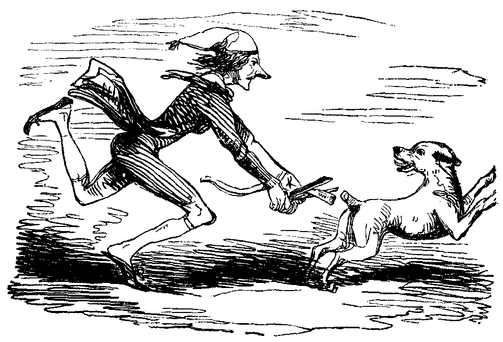 A jester cuts the tail off of a dog.