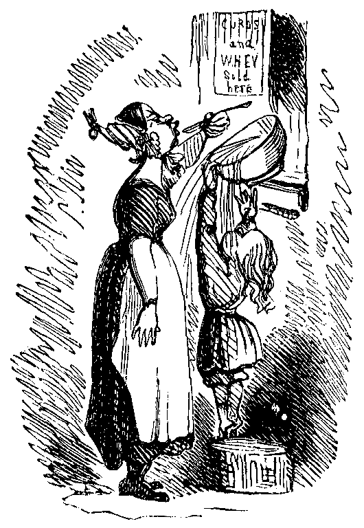 Girls stand under a sign 'Curds and Whey Sold Here' while a bowl pours onto them.