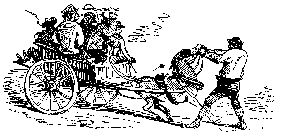 A man pulls on a horse drawing a cart full of people.