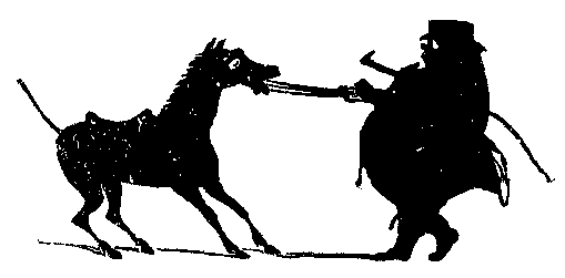 A silhouette of a man tugging on a horse.