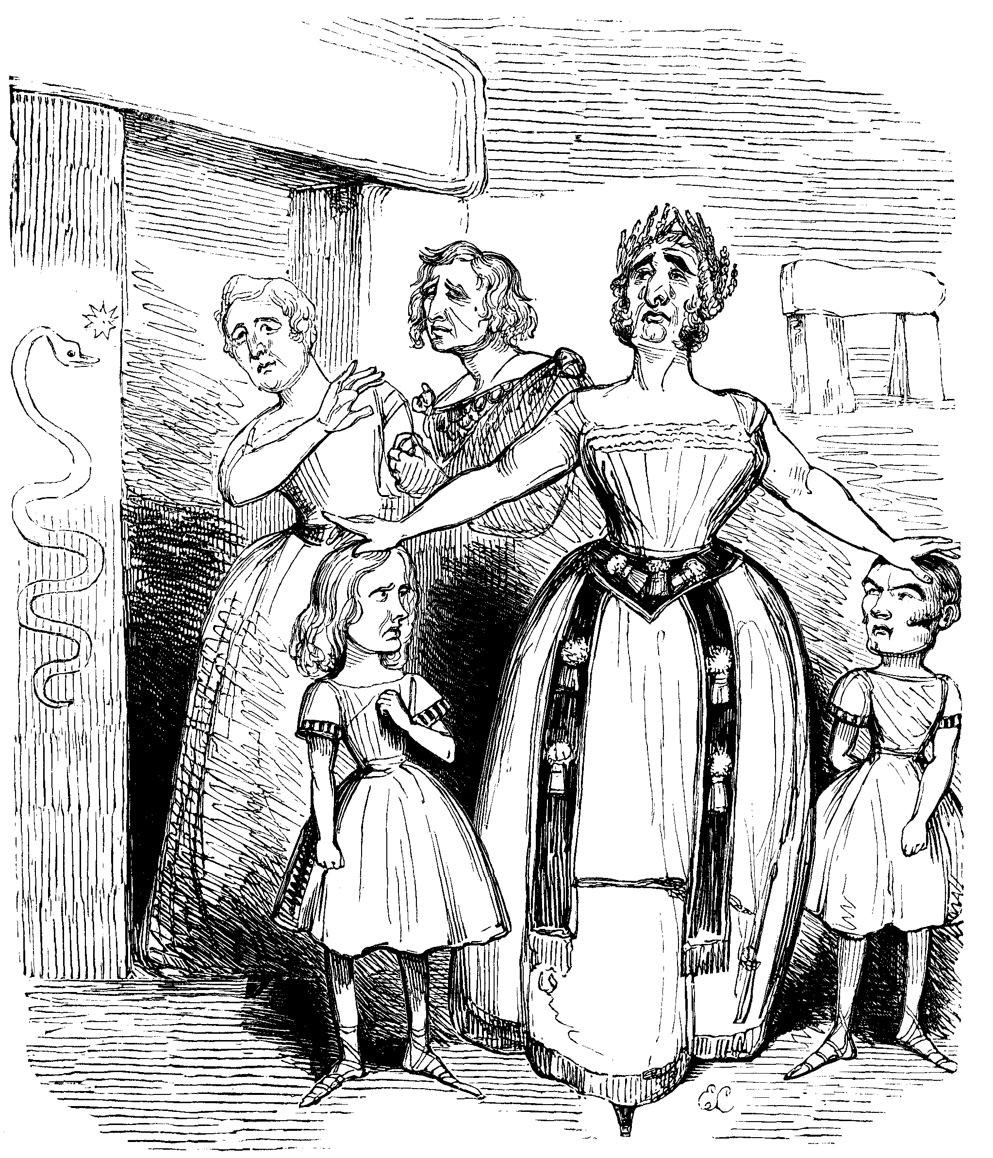 Several men in (female) theatrical costumes.