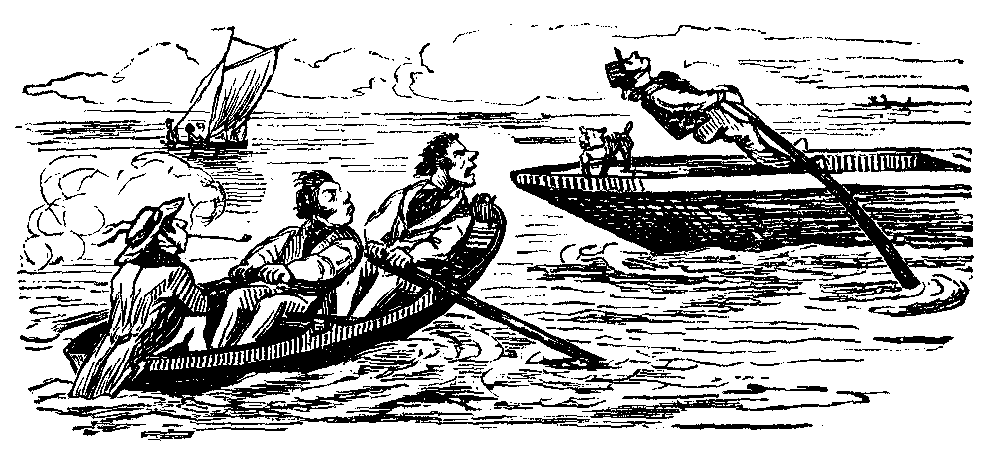 Three men in a boat look at a man who is working strenuously in another boat.