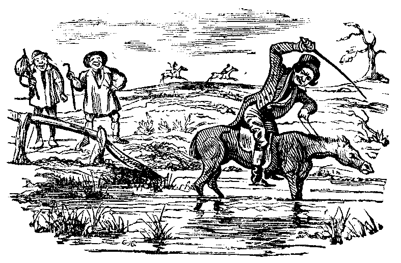 A man forces a horse through a pond.