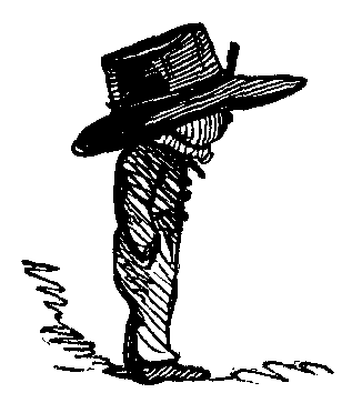 A little fellow wears a big hat.