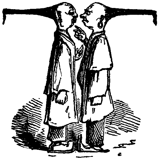 Two Chinese men face each other with their queues standing out to form a letter T.