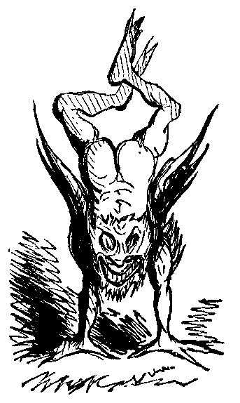 A devilish-looking chimera stands on its hands.