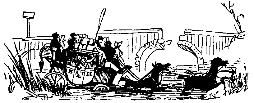 A carriage marked 'Bath' crosses through a river since the bridge is broken.