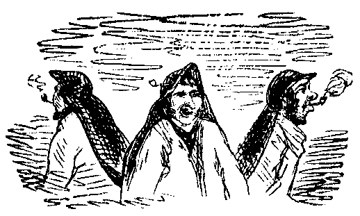 Three men stand facing away from each other form a letter W with their overcoats.