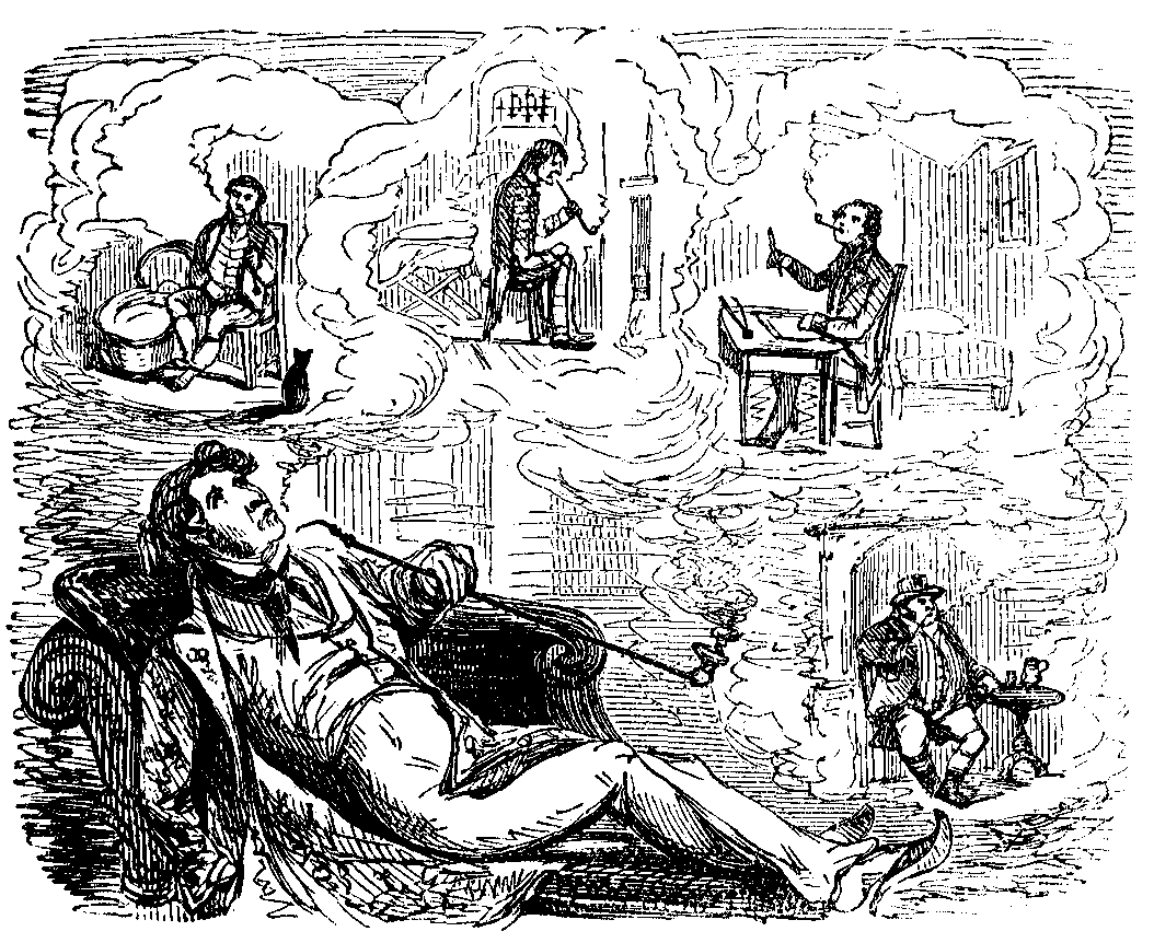 A man lies back and sees smokers in his puffs of smoke.