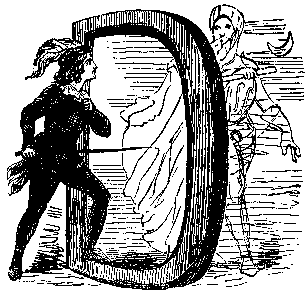 A medieval man walks through a letter D towards a god-like figure.