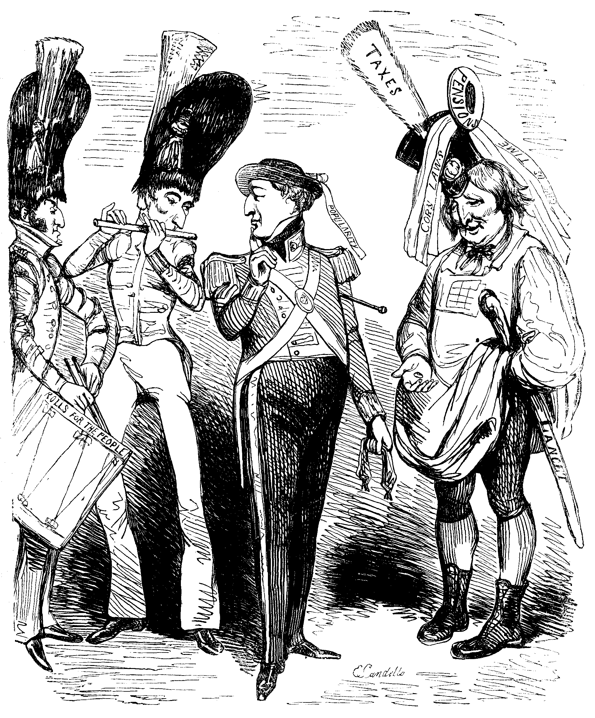 A group of men in military dress (including a fife and drum) have slogans like 'POPULARITY' and 'TAXES' and 'CORN LAWS' and 'JUST GIVE US TIME' written on them.