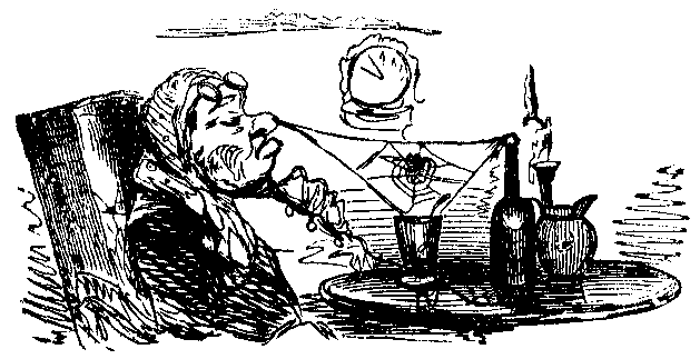 A man sits in a chair at a table, where a spider web connects his nose to a bottle and a cup.