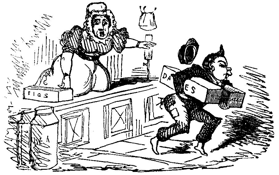 A shopwoman yells after a boy running with a box marked 'Dates'.