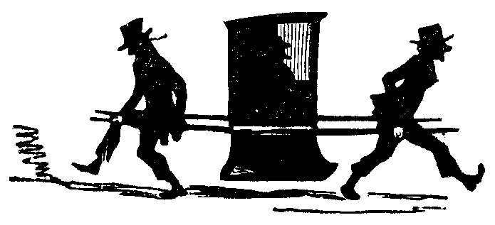 Two men carry a palanquin in opposite directions.