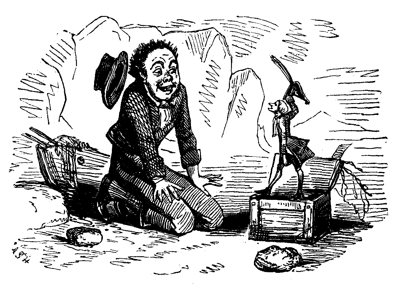 A very large man is surprised by a very small man in a box.
