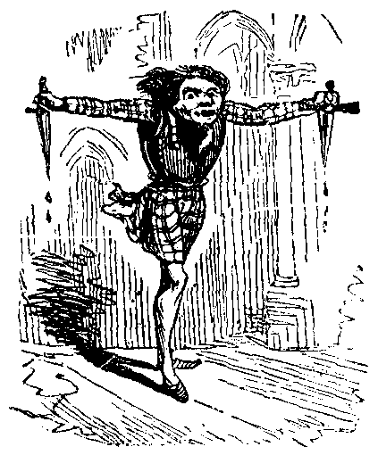 A person stands with arms outstretched holding a knife in each hand to form a letter T