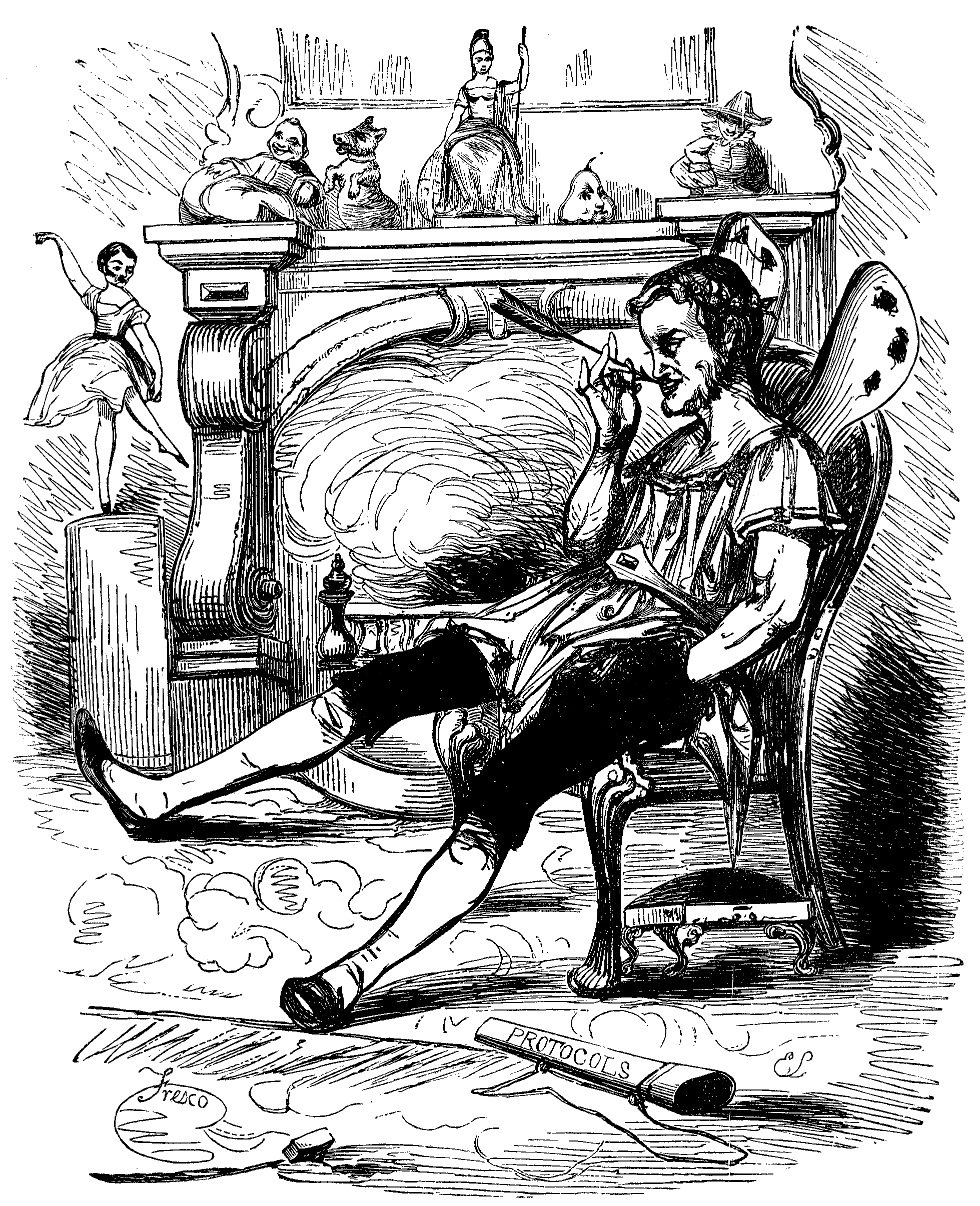 A man with Cupid's wings sits in a chair picking his teeth with an arrow. A quiver is marked 'Protocols'