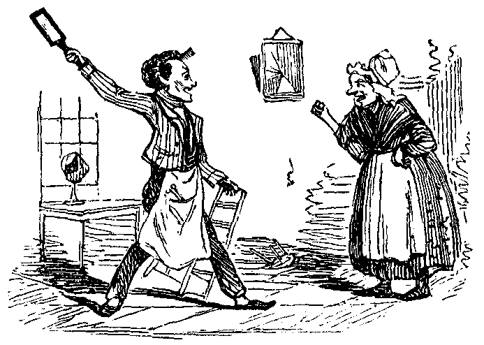 A man holds a paddle up to a woman.