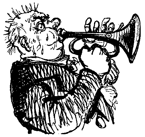 A man sweats while playing a trumpet.