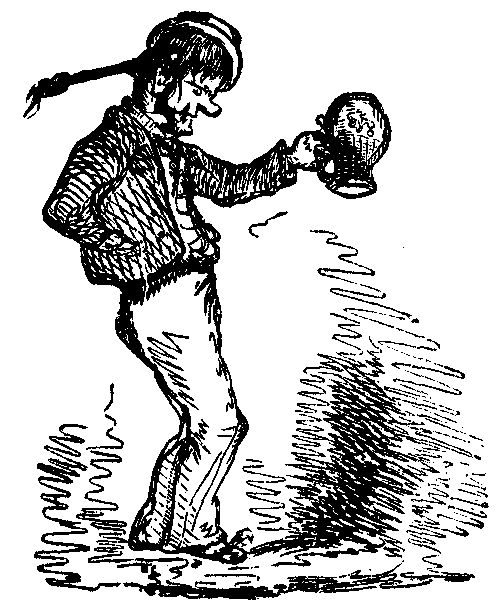 A man holds up an empty jug.