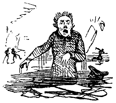 A man has fallen through ice and stands to his waist in water.